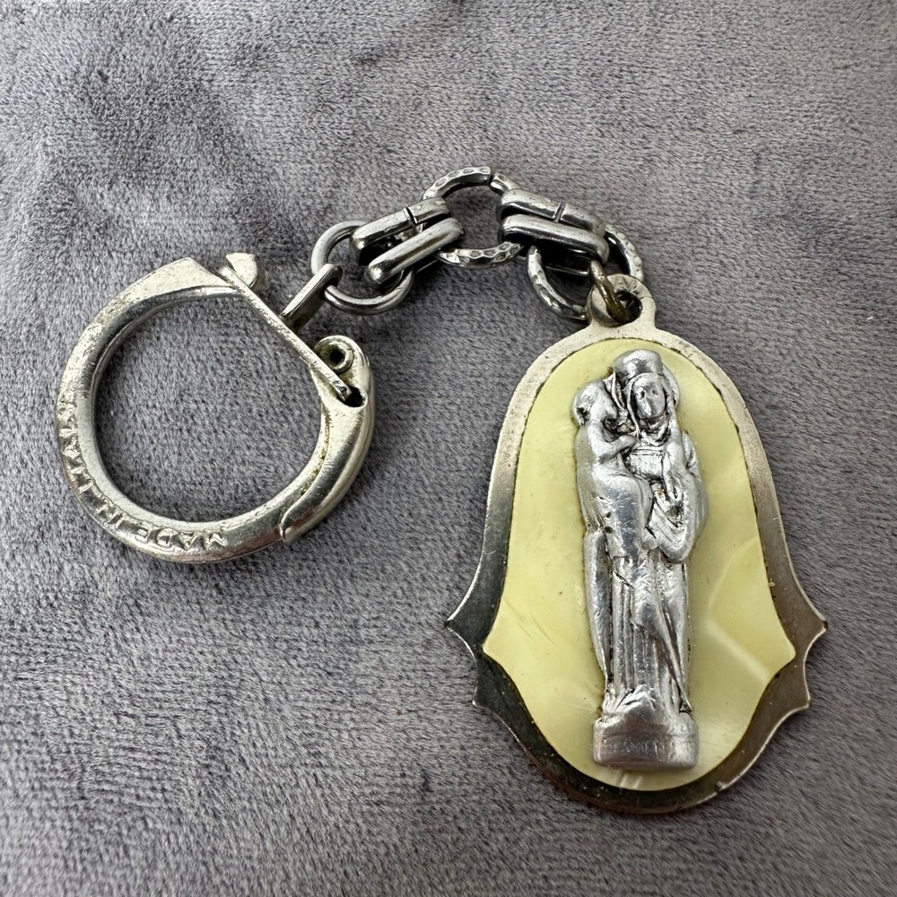 Vintage Madonna & Child Religious Keychain Made in Italy Silver Tone Mary‎ Jesus